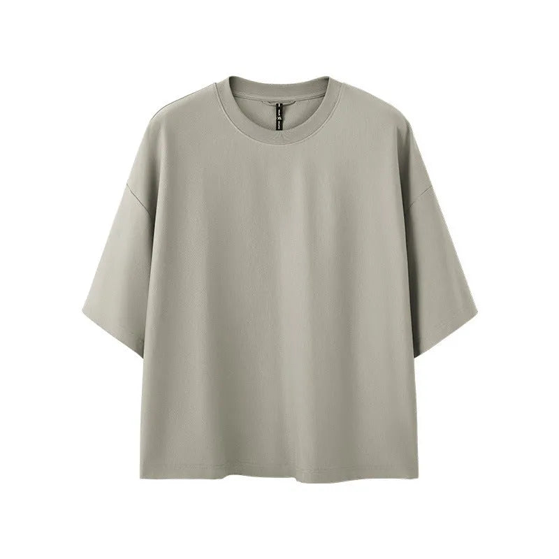 Men's loose fit short sleeve t-shirt in sand gray and black cotton blend fabric
