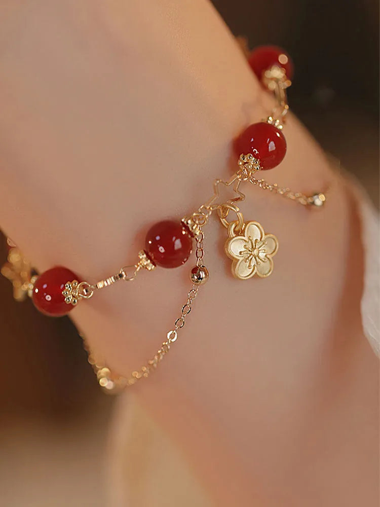 Red agate double-layer women's bracelet with hand-carved peach blossom floral design