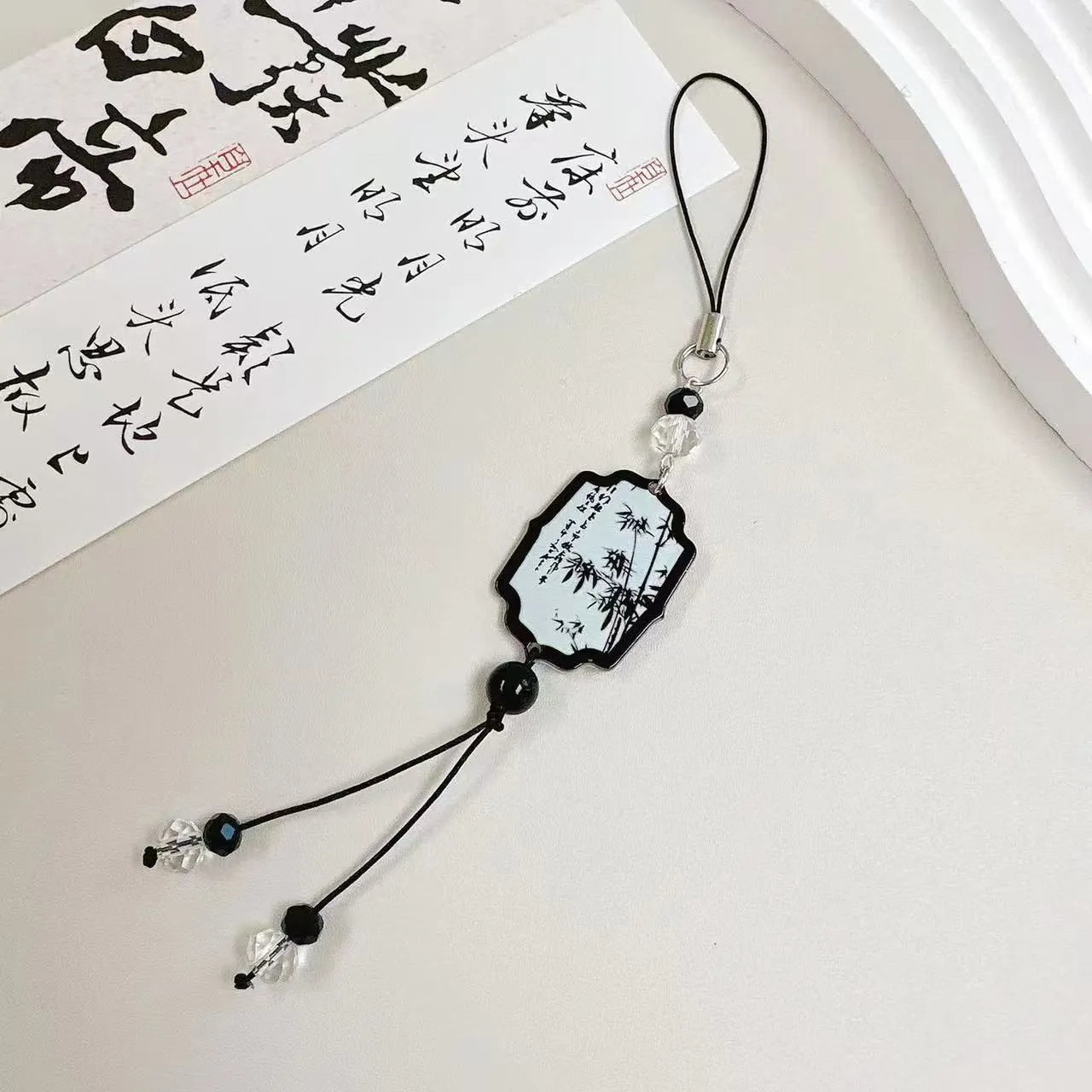 Guofeng Chinese style bead pendant keychain with floral pattern in Fan or Poetry colour.