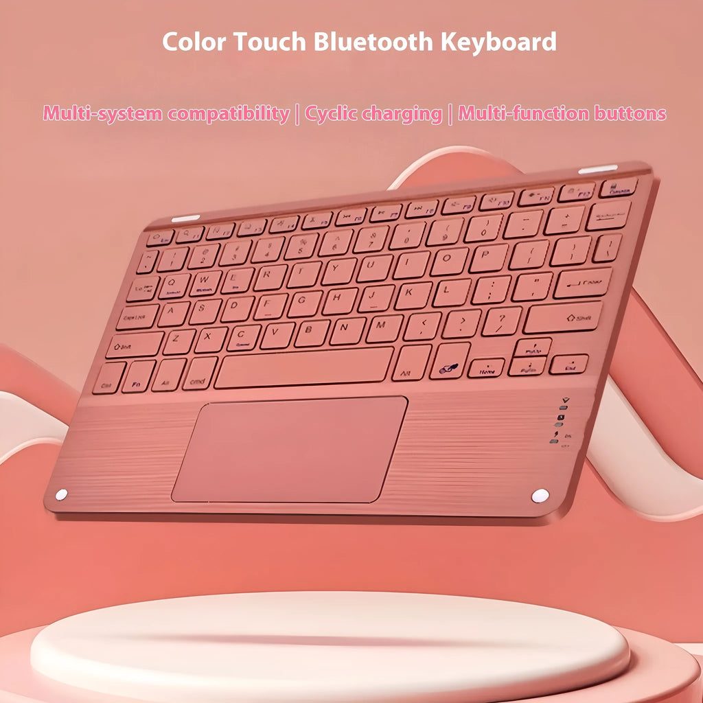 Square hat touch wireless Bluetooth keyboard in assorted colours on a desk.