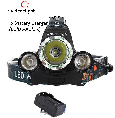 Rechargeable aluminium LED headlamp with adjustable headband and 18650 battery.