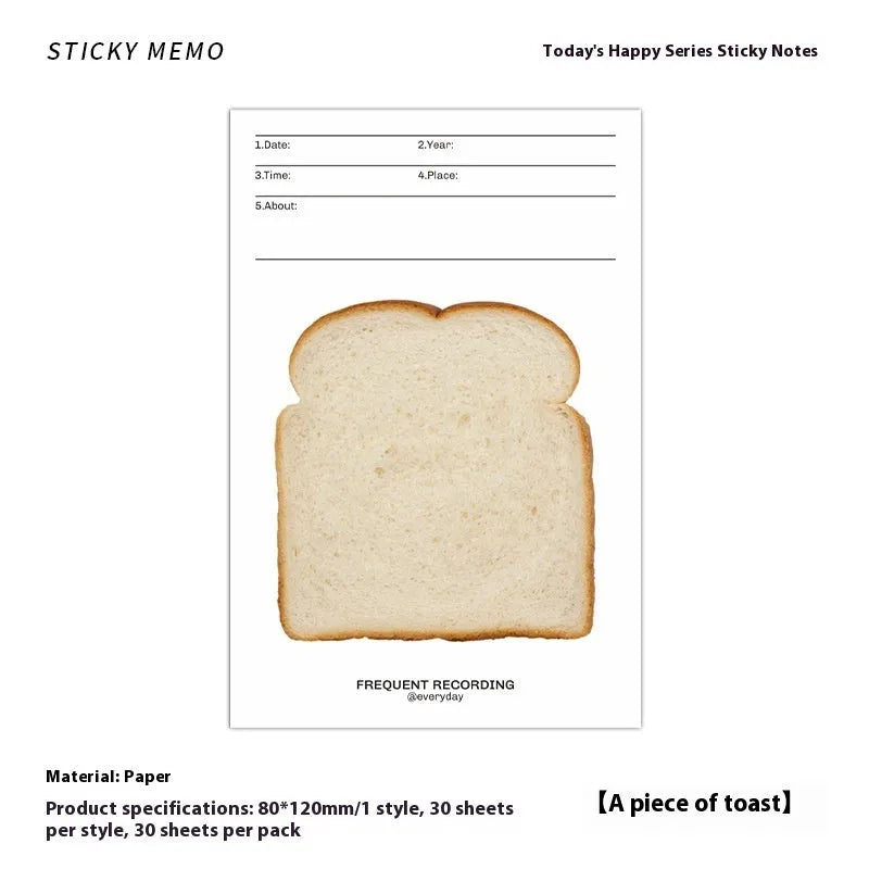 Today's Happy Series non-adhesive sticky notes pad with 30 pages of writing paper in transparent white, hot milk, toast, and bag of worries designs, size 120x80mm.