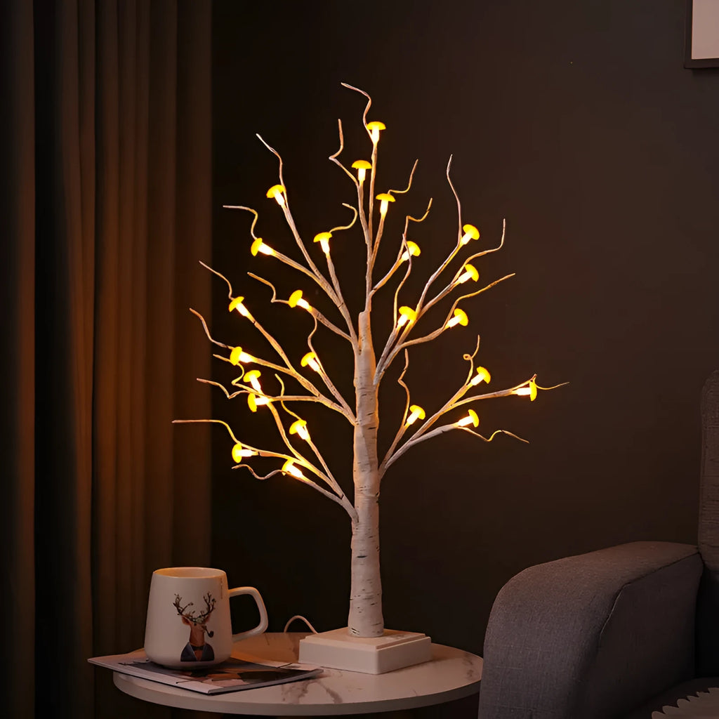 60cm tall mushroom tree LED lamp with birch design and 24 detachable plastic flowers