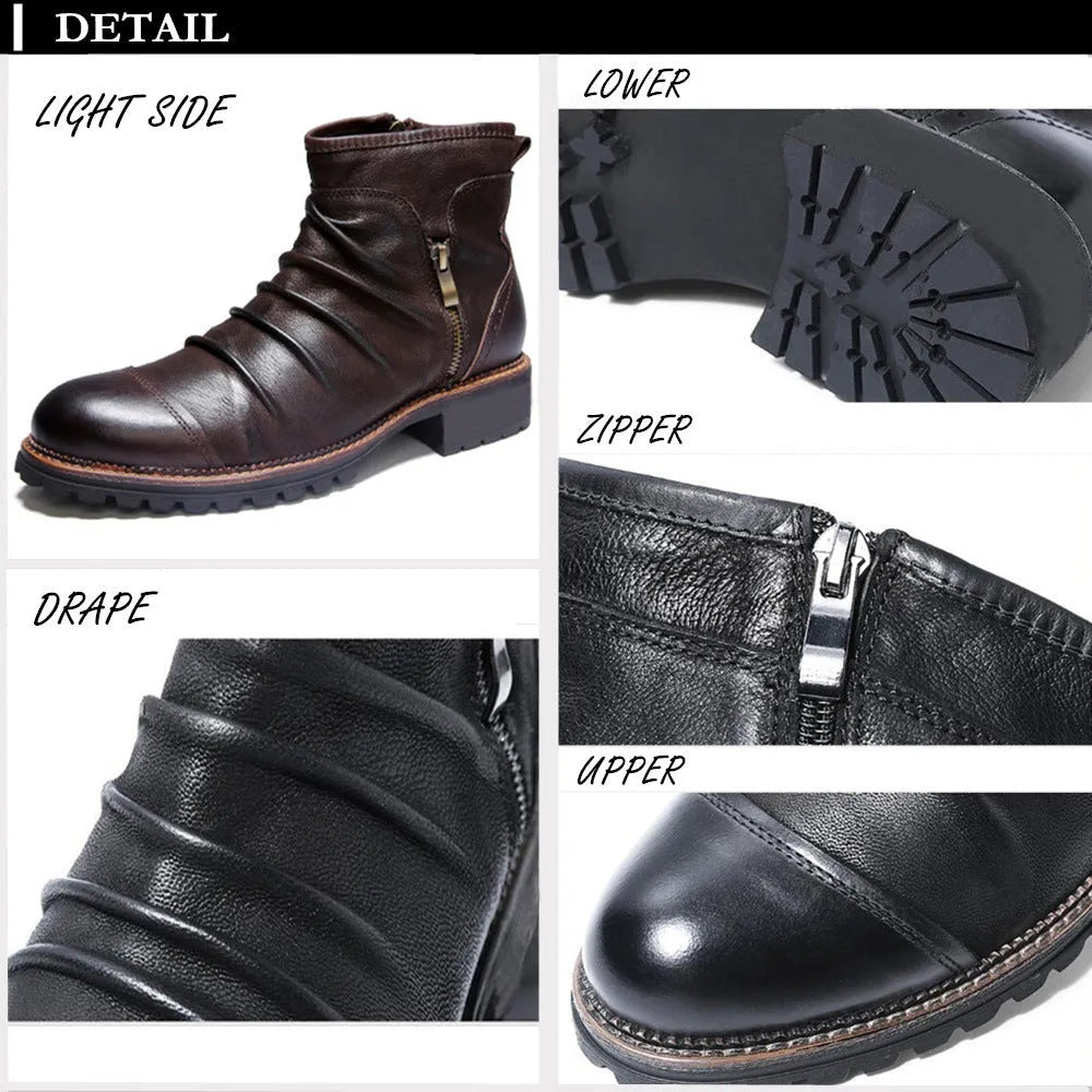 Black side zip Martin boots with round toe and medium heel on a plain background.