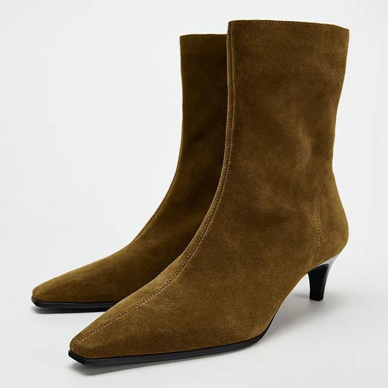 Brown square toe ankle boots with side zipper and kitten heel on waterproof platform