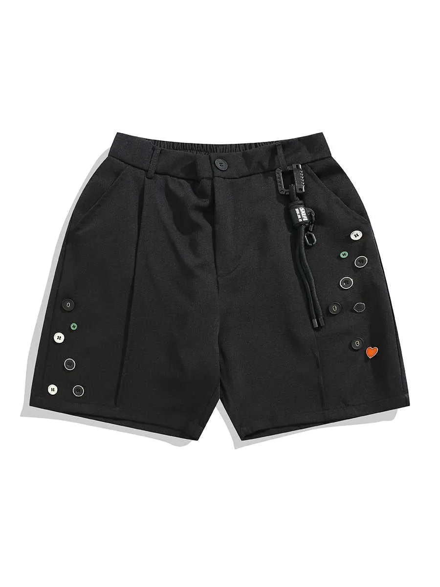 Black men's semi-elastic shorts with a colour button, loose straight-leg cut, and zip fly.
