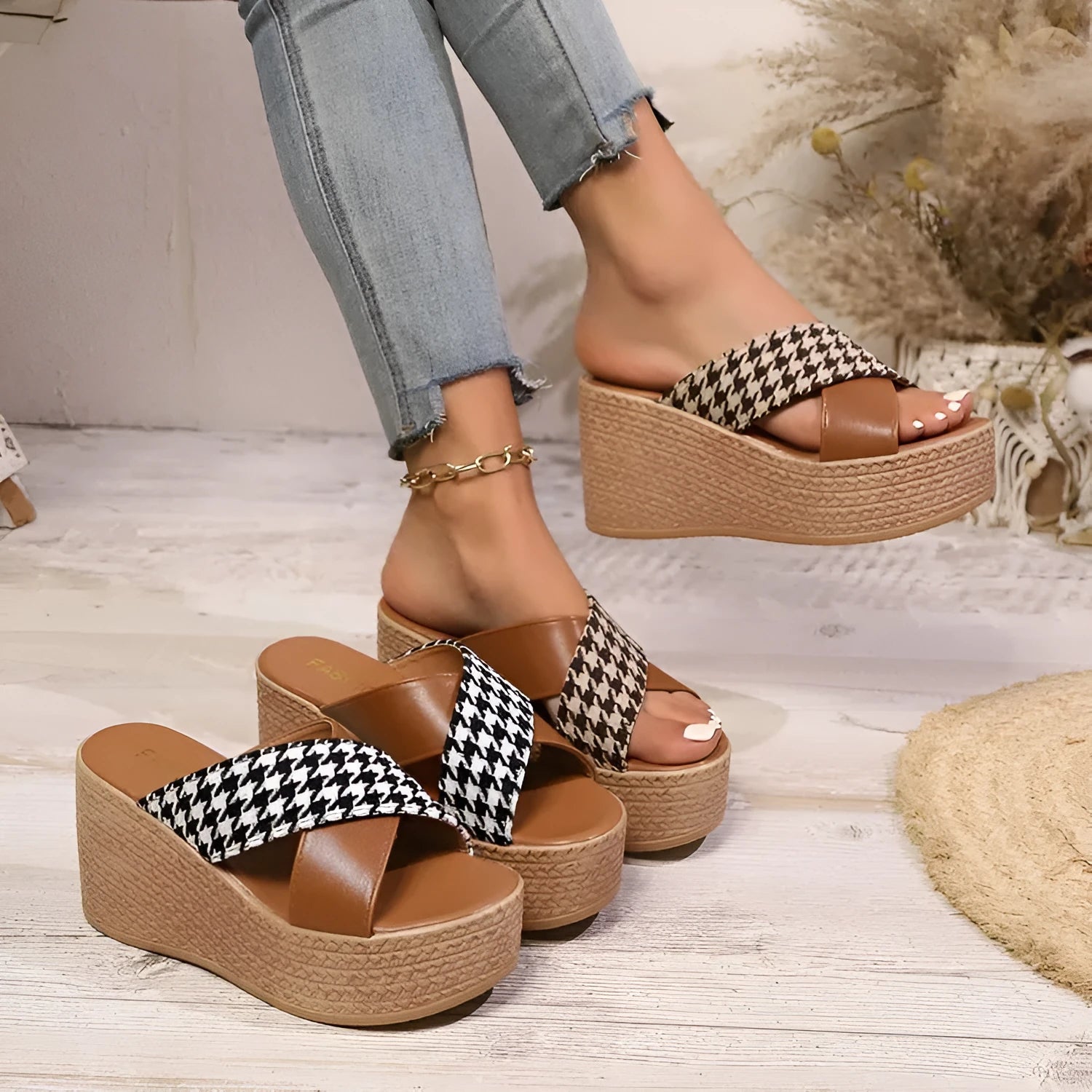 Cross leopard plaid wedge sandals in casual style with rubber soles, available in black or brown patterns.