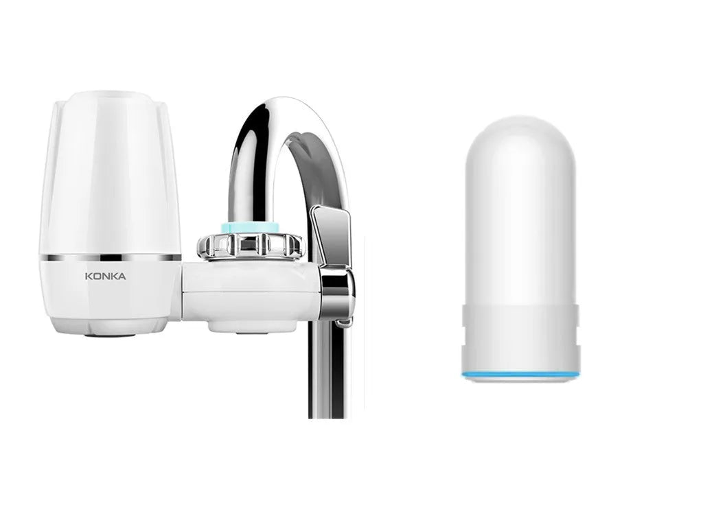 White plastic kitchen tap water filter with ceramic cartridge and installation adapters