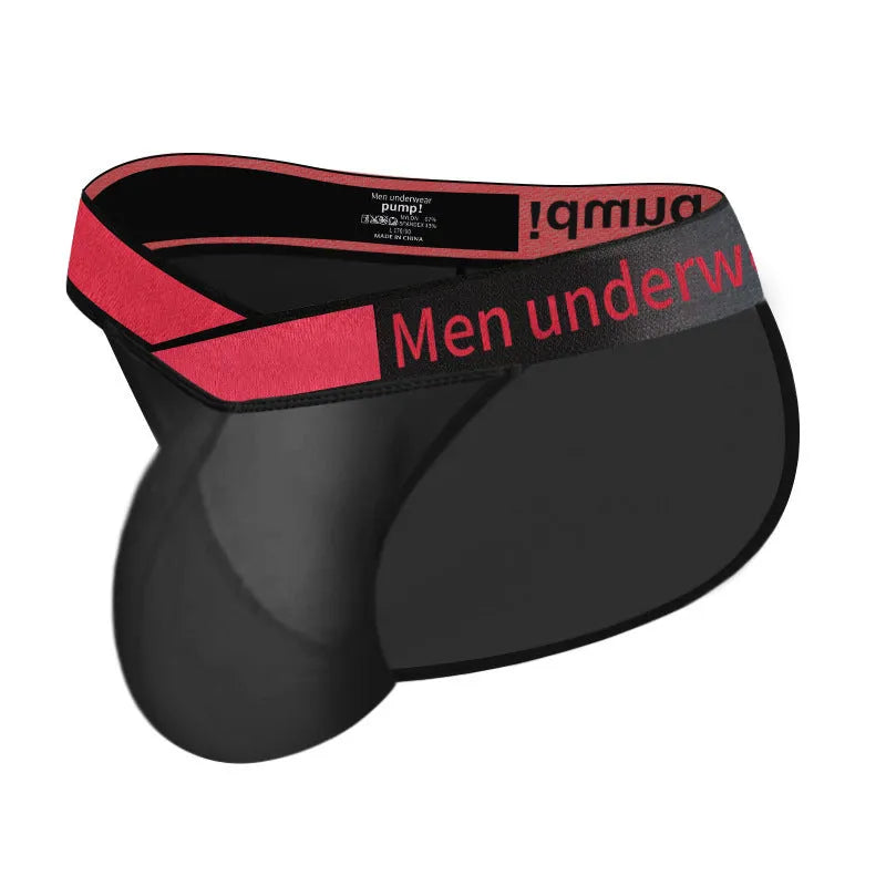 Men's transparent ice silk briefs with large V gradient high fork design in red colour