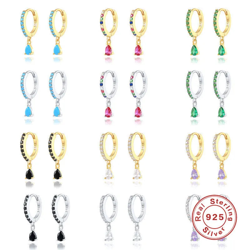 S925 sterling silver water drop earrings with geometric design and gemstone options
