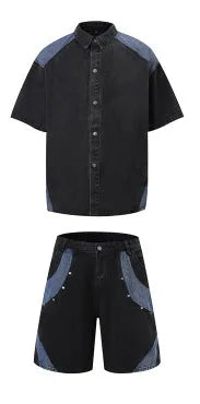 Retro washed denim short-sleeved jacket and full-length trousers suit set in black or blue