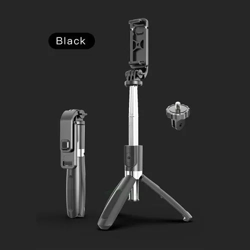 Black extendable Bluetooth selfie stick with tripod legs and wireless remote on a white background.