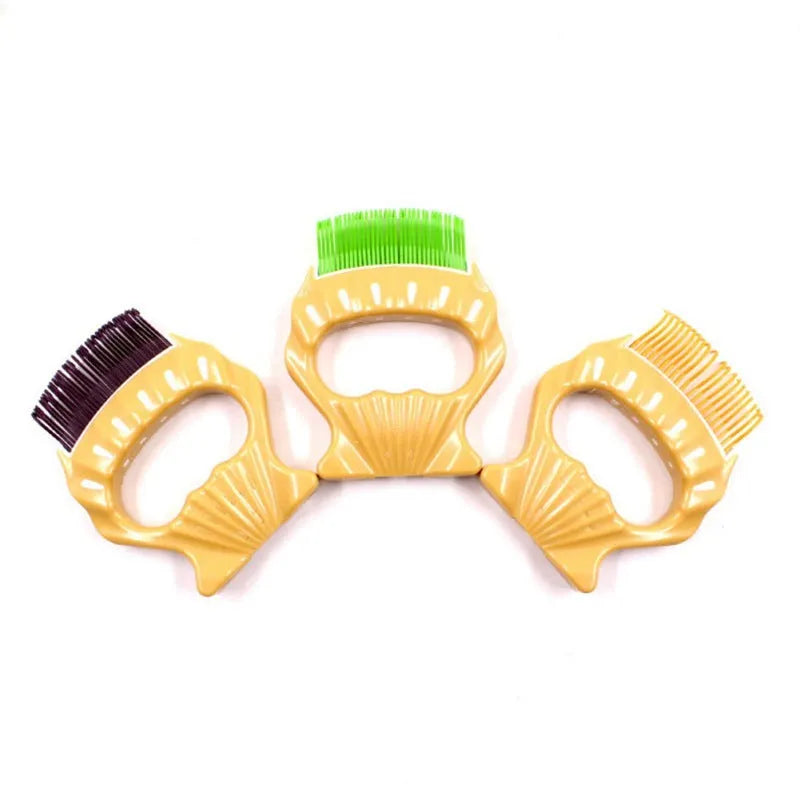 Green shell shaped plastic pet brush with bent wire bristles and an anti-slip handle