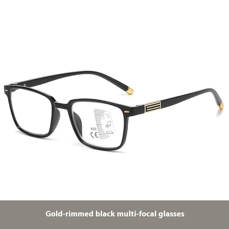 Multifocal reading glasses with photochromic blue light filtering lenses in various frame styles