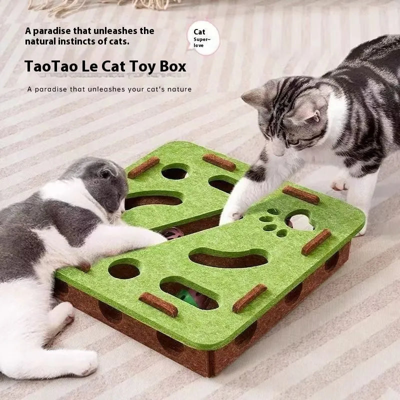 Handmade felt cat toy box with hole for paw interaction in camel white, gray, or green brown