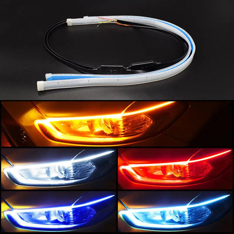Flexible silicone car LED daytime running light and turn signal strip showing length options