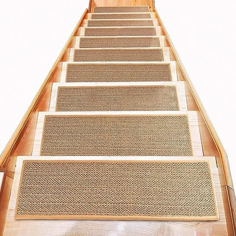 Japanese-style linen-look polyester stair mat on wooden stairs in camel colour with rubber backing