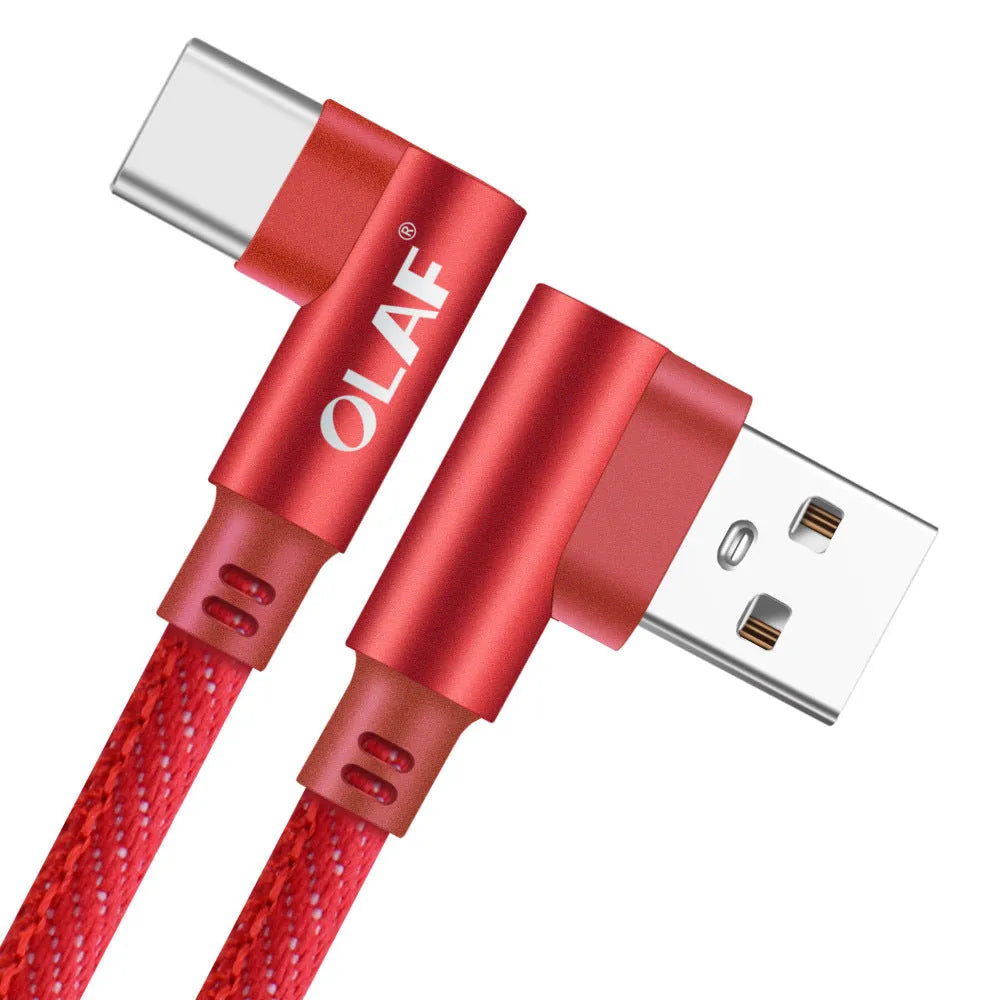Fast charging USB cable with denim textile exterior and aluminium connectors in black, blue, and red.