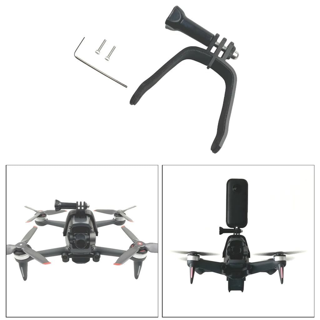 3D printed hard plastic action camera expansion bracket with soft sponge pad for drone mounting.