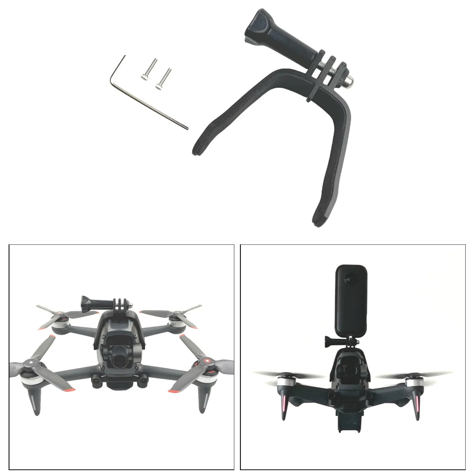 3D printed hard plastic action camera expansion bracket with soft sponge pad for drone mounting.