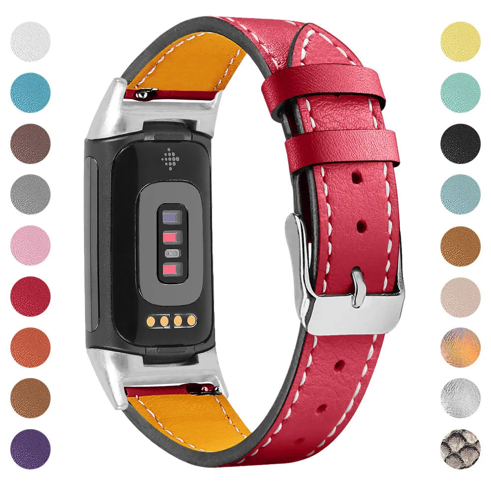 Genuine leather watch strap for Fitbit Charge 5 and Charge 6 fitness trackers on a wrist.