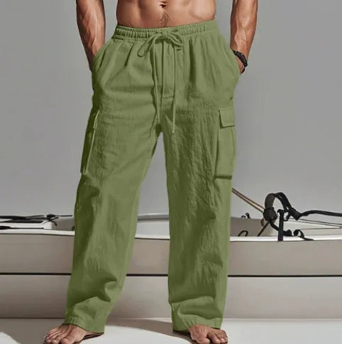 Men's loose thin cotton trousers with wide-leg design in various solid colours