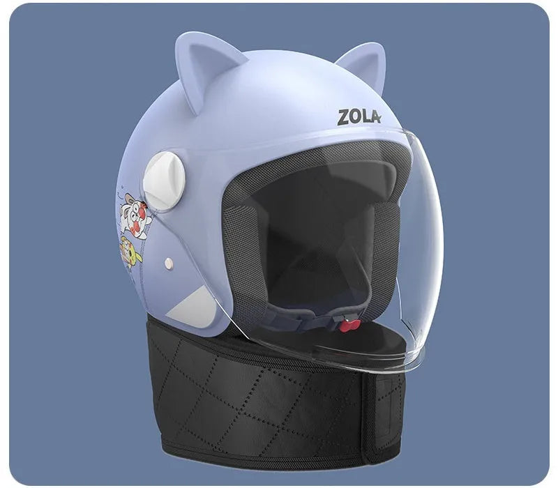 Winter electric bike helmet with anti-fog visor shown in blue colour with attached ear covers.