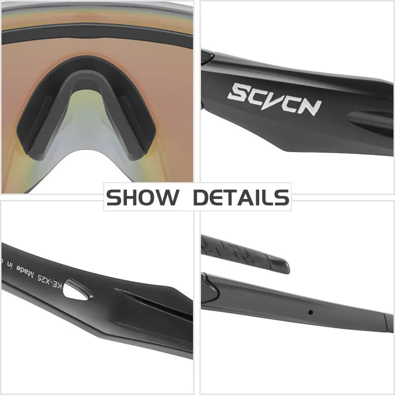 Frameless windproof sports goggles with a colourful integrated lens, shown in multiple style colours.