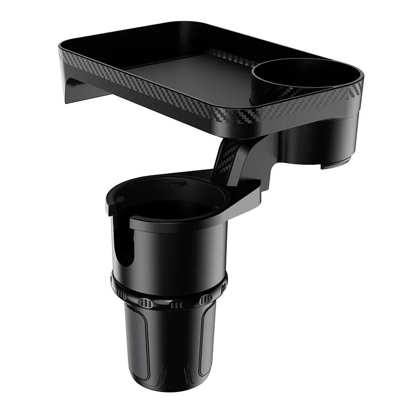 Black ABS plastic car dinner tray holder rotating in a vehicle cup holder.