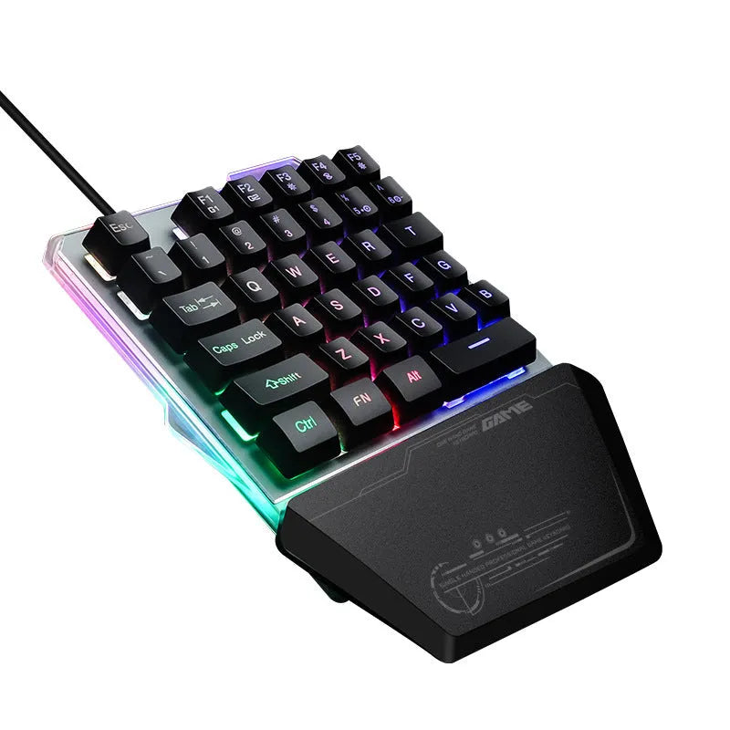 Black robotic one-handed keyboard with RGB backlighting and mechanical switches