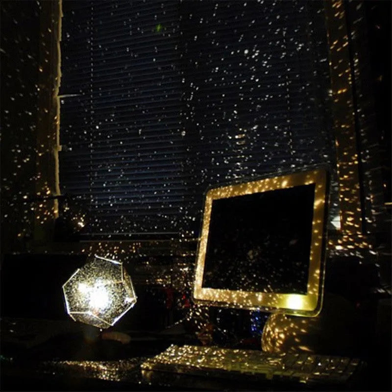 LED star projector showing 3D constellation projection on bedroom ceiling with remote control