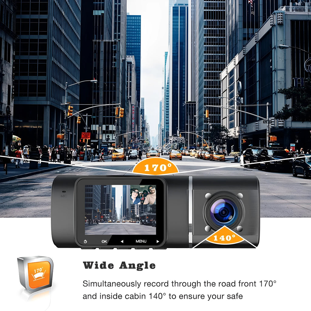 Black dashcam car camera with wide-angle lens, 1.5-inch screen, and mounting stand