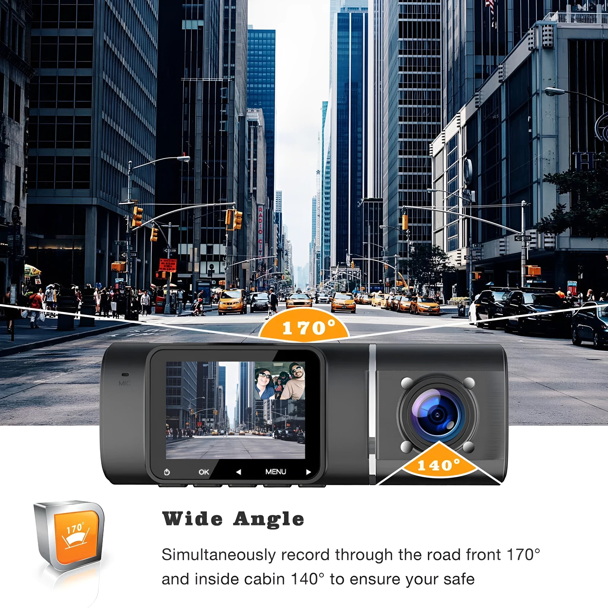 Black dashcam car camera with wide-angle lens, 1.5-inch screen, and mounting stand