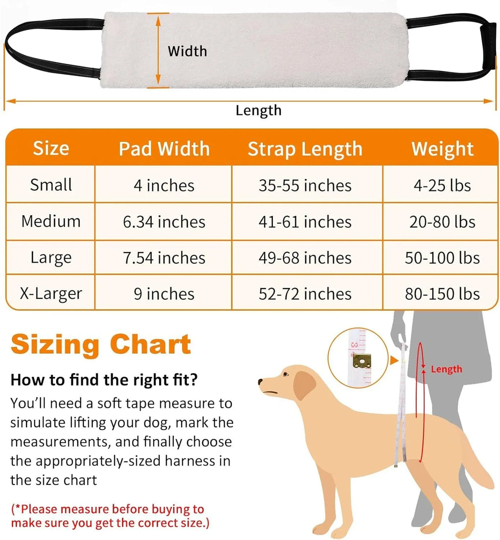 Portable dog sling supporting hind legs, with adjustable reflective straps and soft lining.
