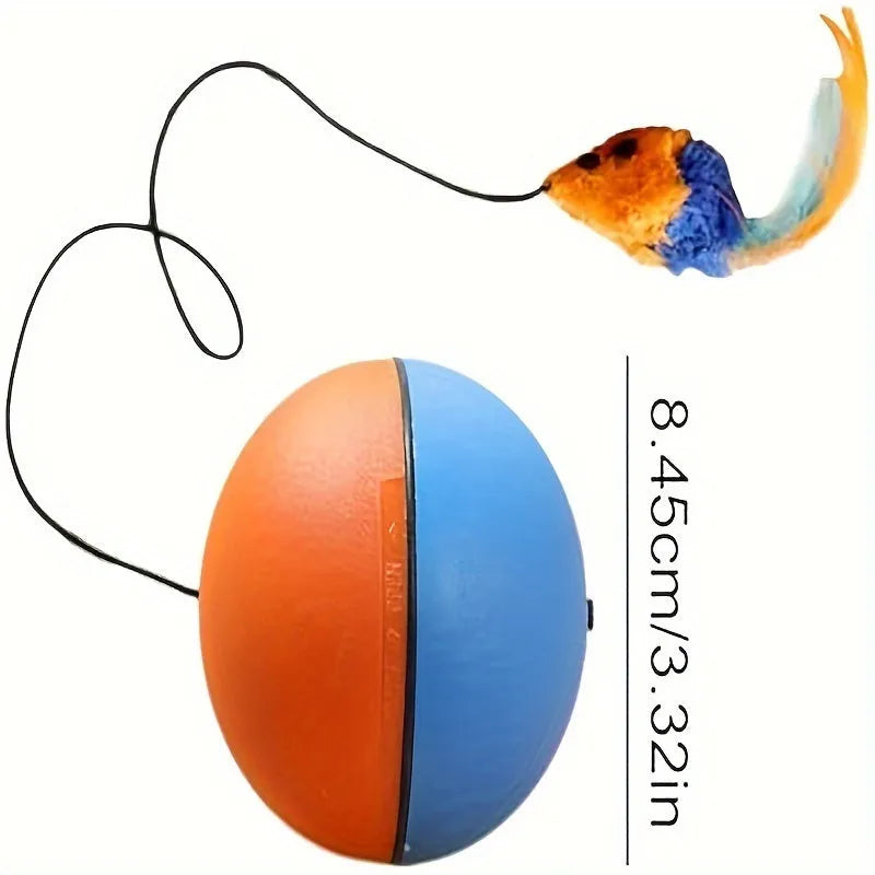 Blue and orange interactive cat toy ball with plush mouse attachment measuring 8.5cm cube