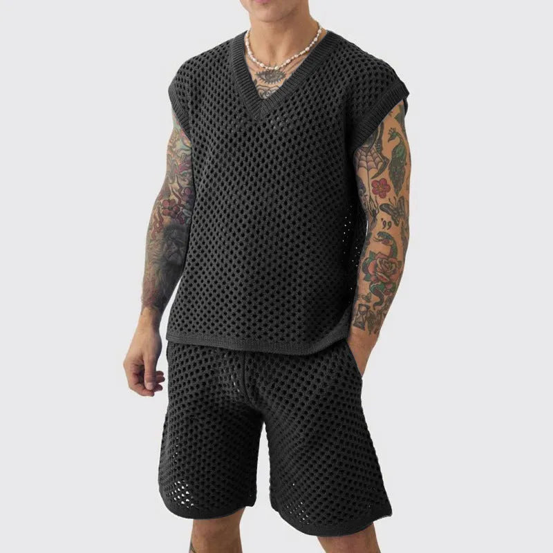 Men's sleeveless V-neck vest and shorts set in blue, black, white or khaki for summer sports