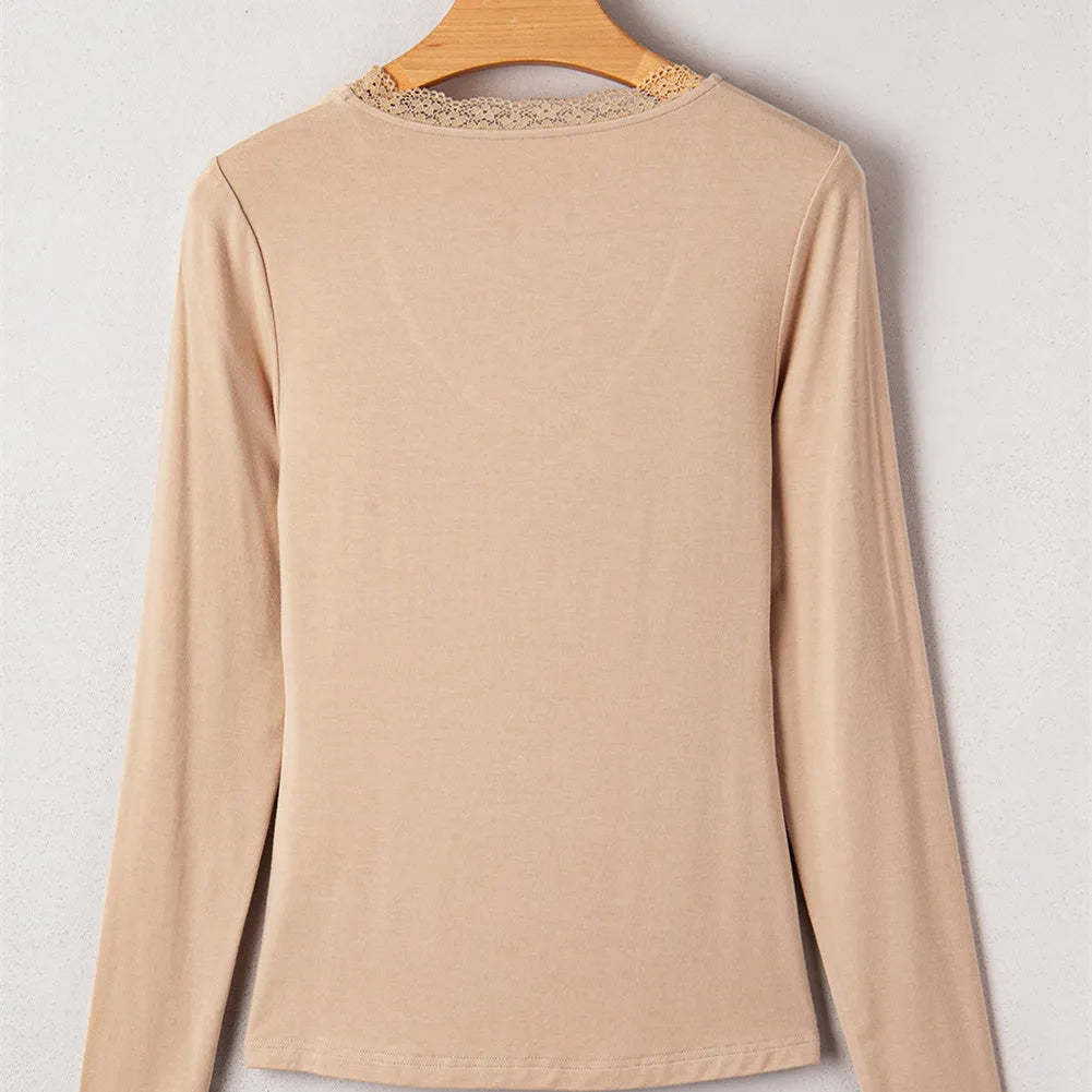 Women's red slim fit casual top with lace trim and long sleeves