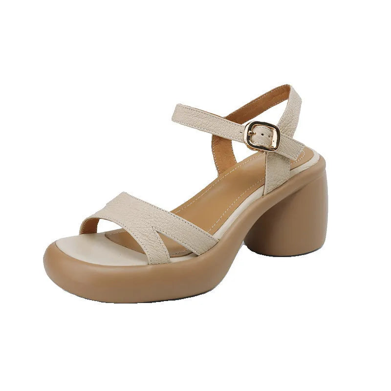 Women's open toe platform wedge sandals in apricot beige colour with a microfiber upper.