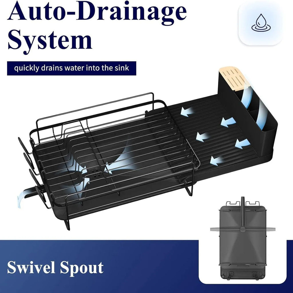 Retractable foldable kitchen dish rack with a detachable cutlery cup, made from carbon steel.