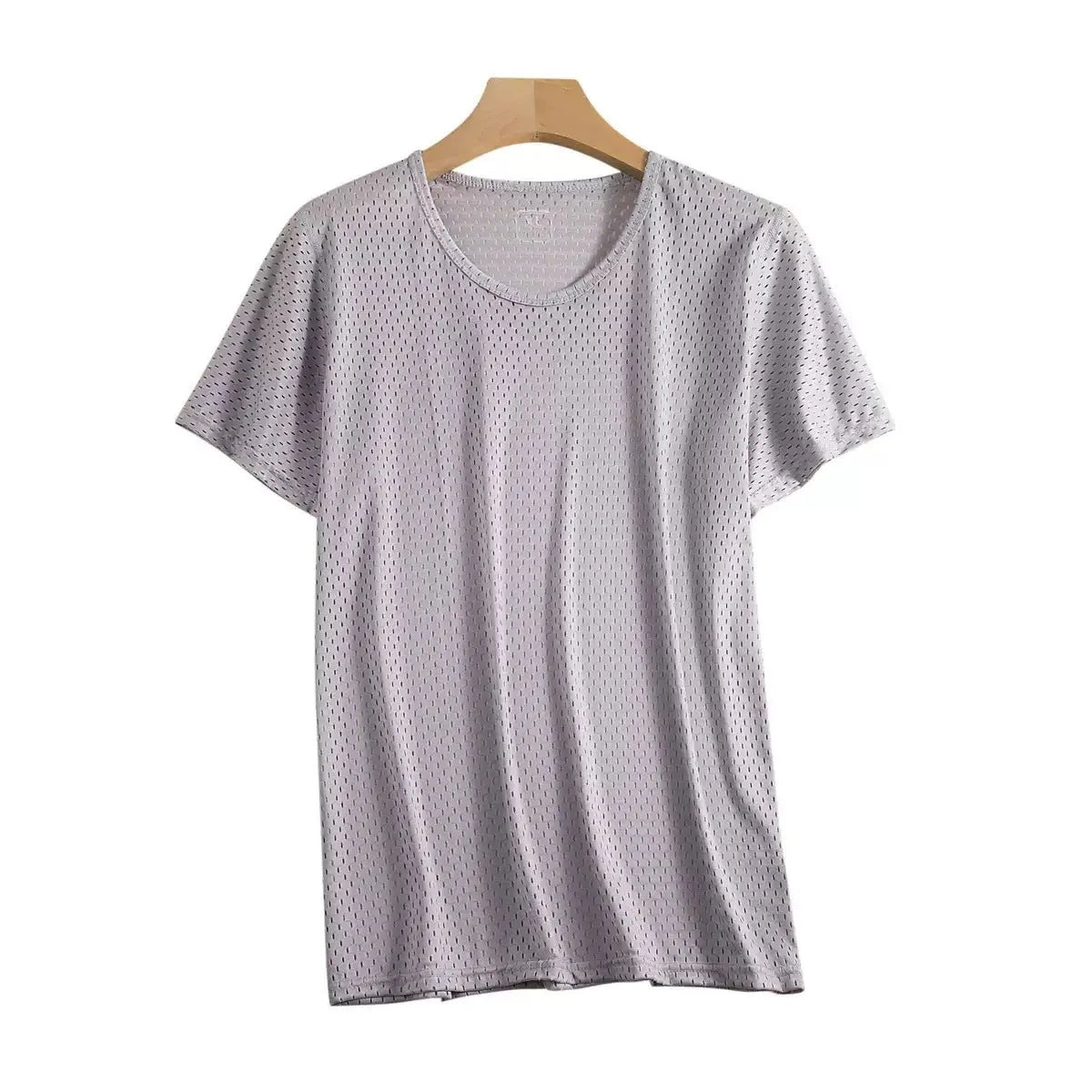 Man wearing a thin grey ice silk mesh short sleeve T-shirt with a crew neck.