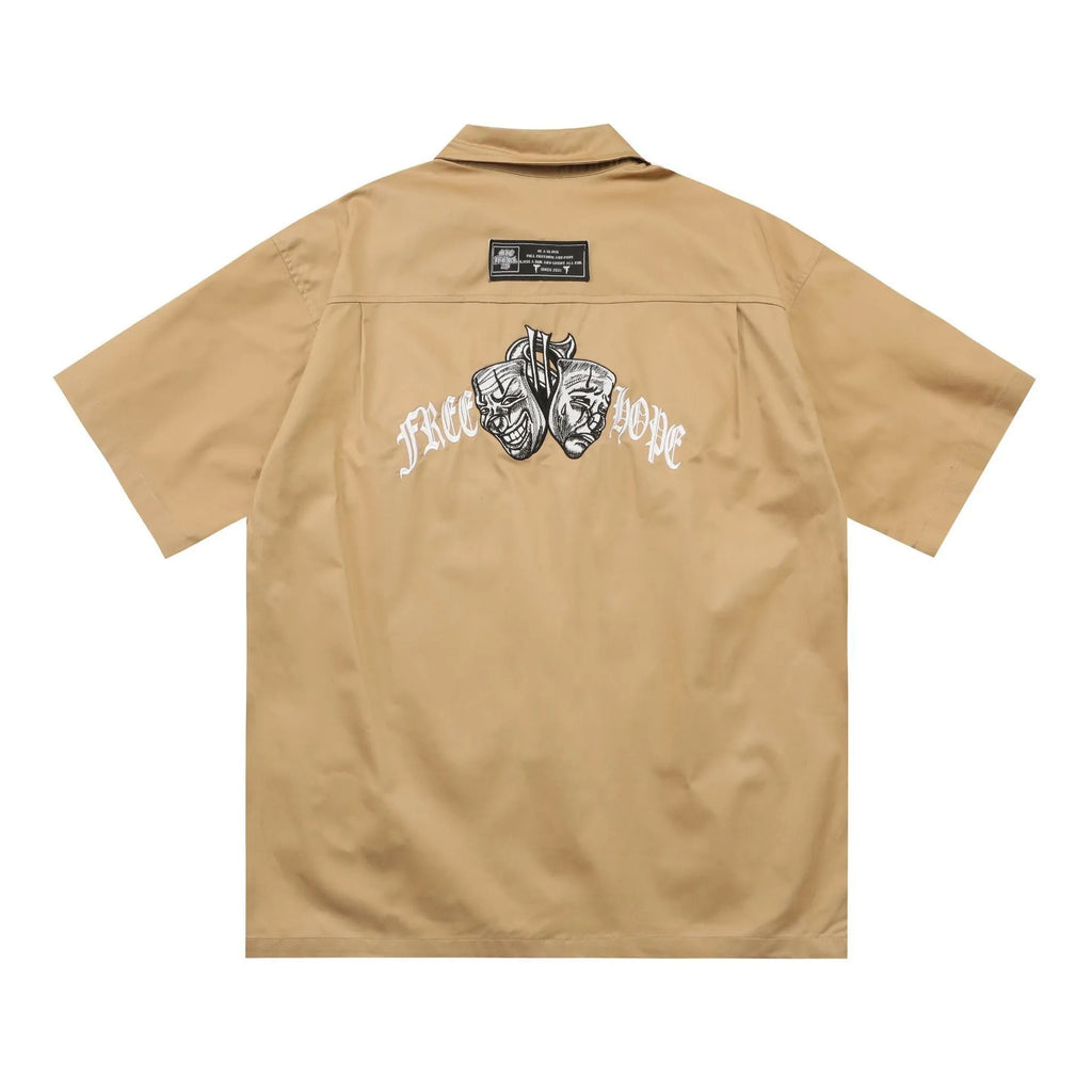 Men's black cotton blend half-sleeve loose fit shirt with embroidery