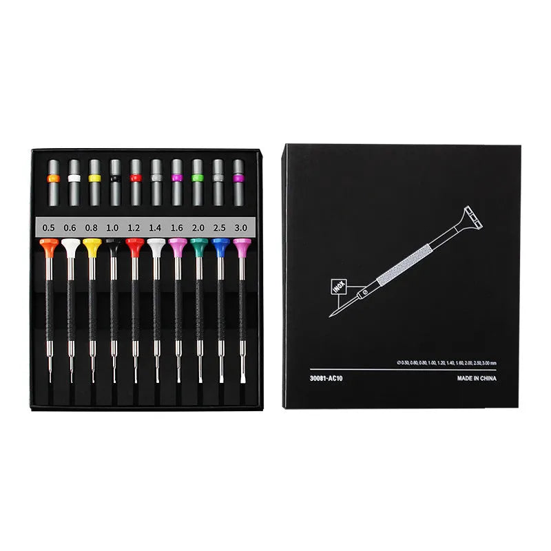 Ten-piece manual screwdriver repair set with twenty spare bits for watch and glasses maintenance