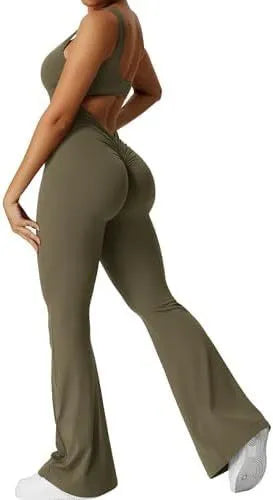 Women's sleeveless flare jumpsuit long pants in Army Green colour for yoga fitness.
