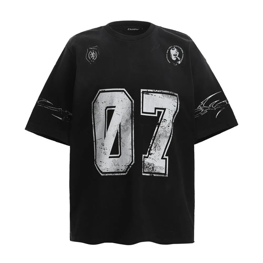 Men's black and white printed short-sleeve cotton T-shirt showing front design.