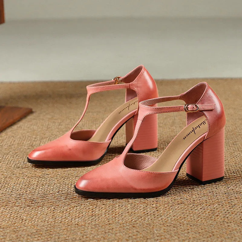 Baotou Hollow women's retro pointed Mary Jane shoes with buckle fastening in pink and dark brown colours