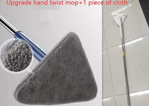 Blue triangle cleaning mop with extendable stainless steel pole and 360-degree rotating head