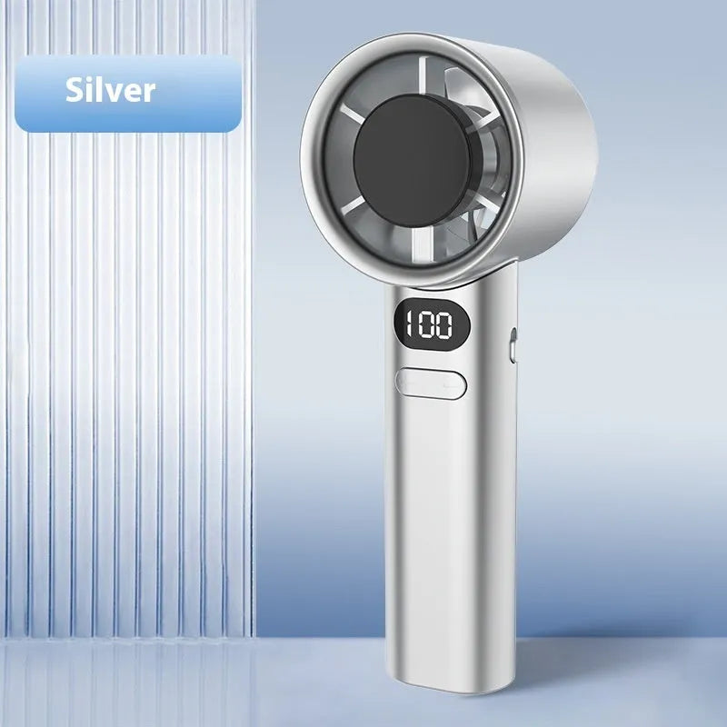A handheld USB rechargeable fan showing 120-speed control, in green colour with plastic blades.