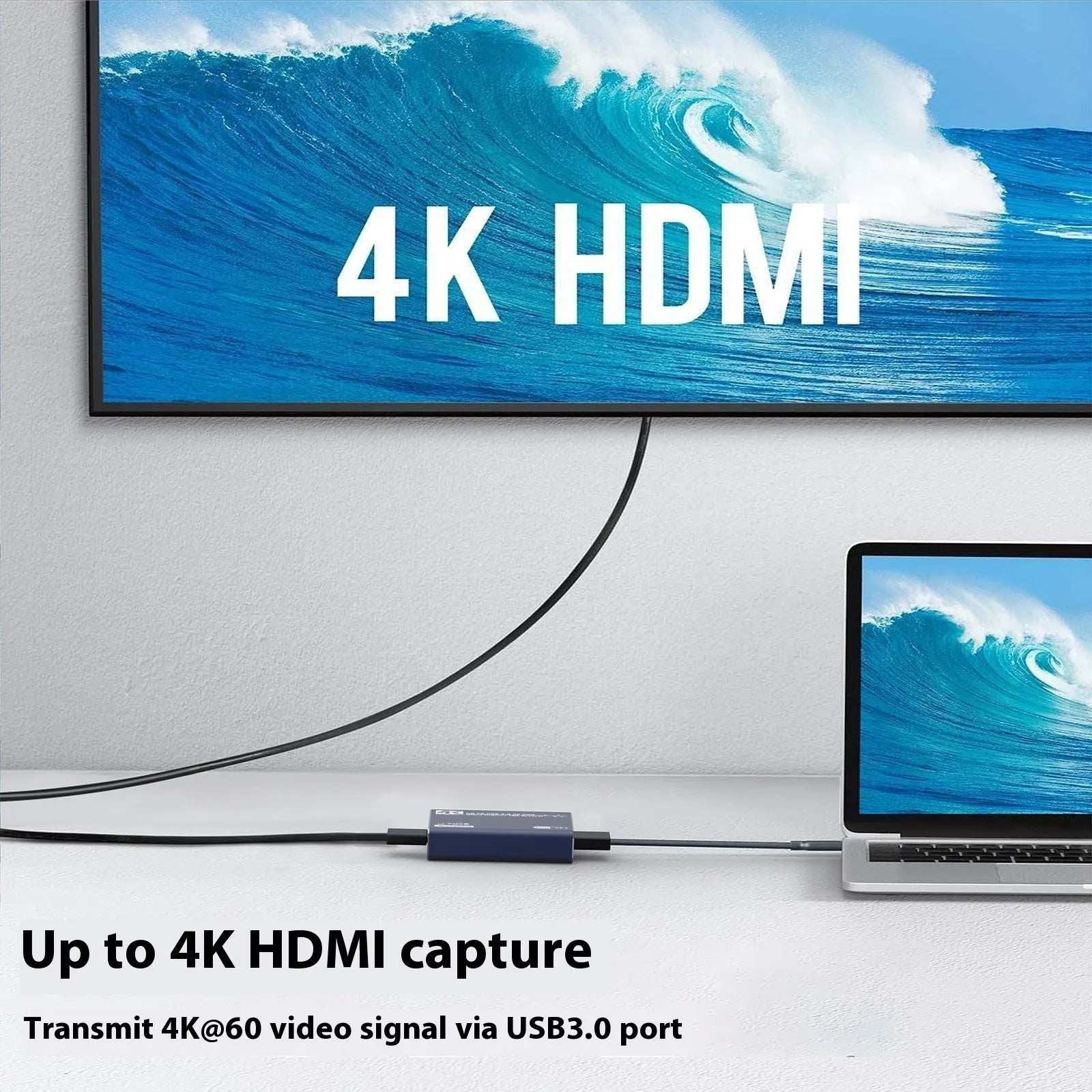 Black 4K gaming set-top box with MS2131 chip for audio recording and universal OS compatibility.