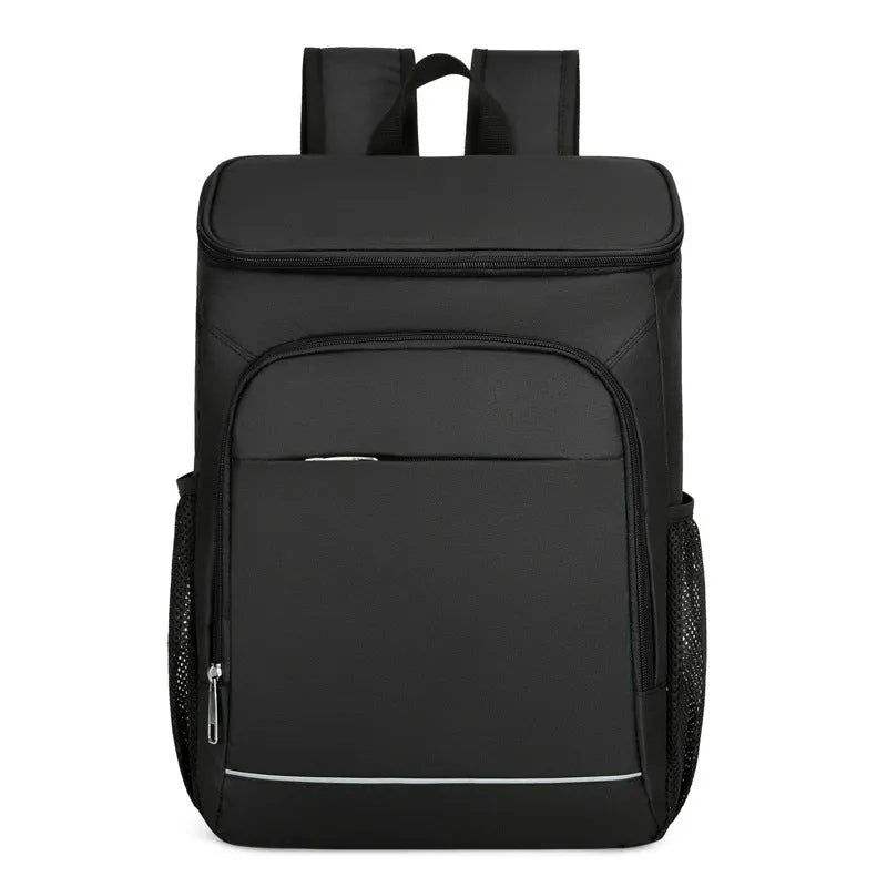 Large black outdoor backpack with thermal insulation function and curved shoulder straps for camping storage
