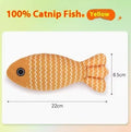 Catnip fish toy in blue, red, or yellow with measured dimensions for feline play